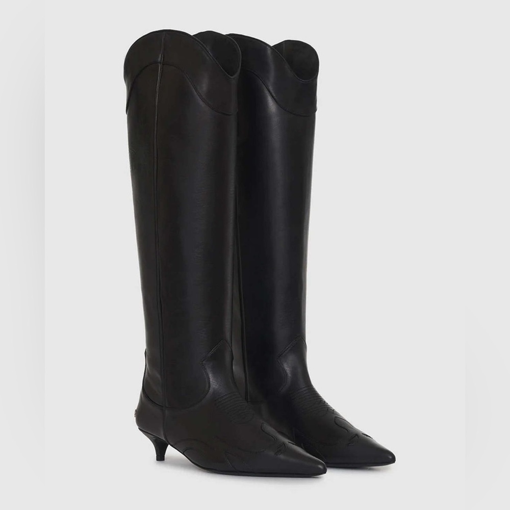 Anine Bing Tall Rae Boots Black Leather Western Kitten Heel Size 40